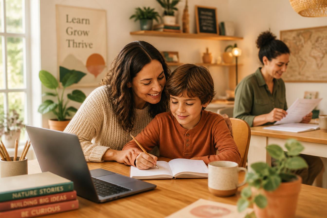 A parent and child learning together at home with a dedicated educator in the background